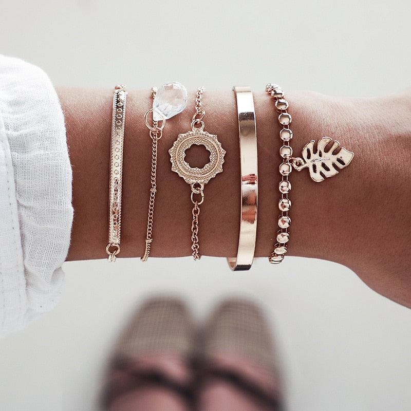 31 Styles Boho Mixed Leaves Letter Map Geometric Crystal Infinity Pentagram Shell Multi-layer Chain Bracelet Women Wholesale
