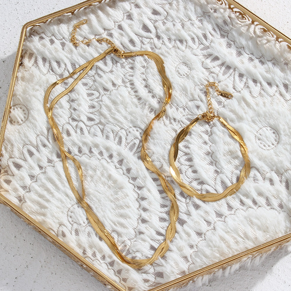 2023 18K Gold Plated Waterproof Braided New Herringbone Chain Necklace Bracelets Set Wholesale Stainless Steel Jewelry For Women