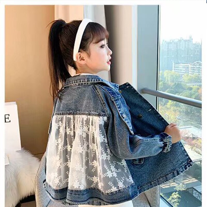 New Children's Denim Jackets Trench Jean Embroidery Jackets Girls Kids clothing baby Lace coat Casual outerwear Spring Autumn