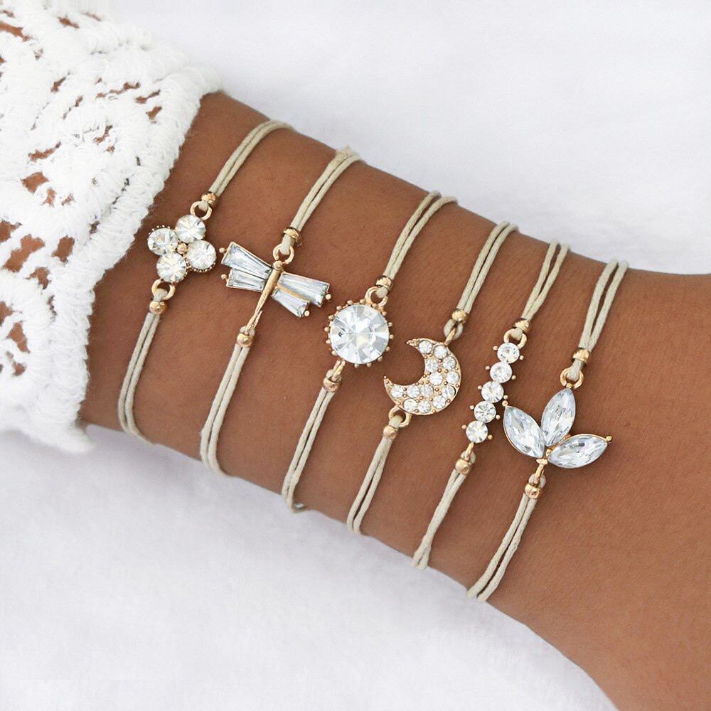 31 Styles Boho Mixed Leaves Letter Map Geometric Crystal Infinity Pentagram Shell Multi-layer Chain Bracelet Women Wholesale