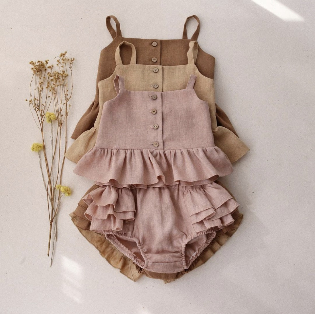 New Baby Girl Suits Summer Clothes Tops+Shorts Vest Harness Falbala Cotton Linen Solid Color Outfits Bebe Infant Clothing Sets