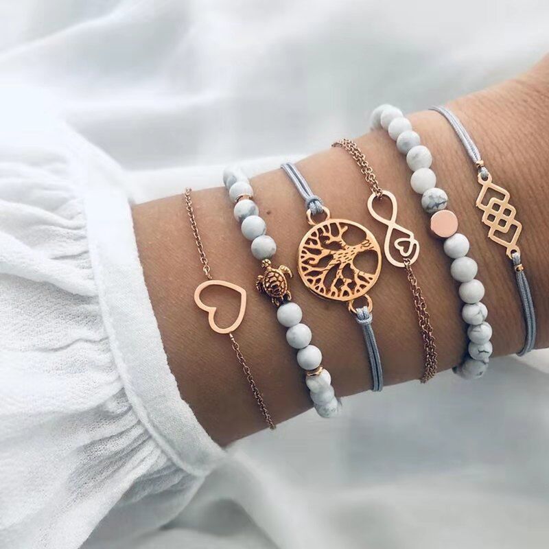 31 Styles Boho Mixed Leaves Letter Map Geometric Crystal Infinity Pentagram Shell Multi-layer Chain Bracelet Women Wholesale