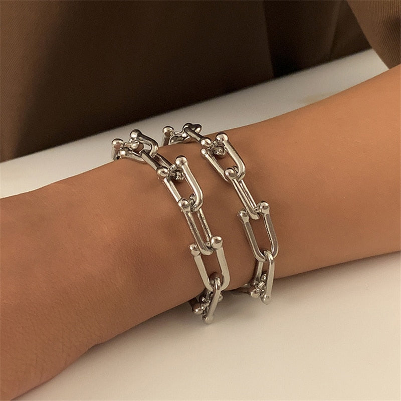 Fashion Statement Heavy Metal Bangle Bracelet Trendy Gold Color Copper Chain U Link Crystal Bracelet Pulseras Women Bijoux Gift