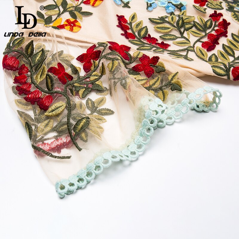 LD LINDA DELLA New 2023 Fashion Runway Summer Dress Women's Flare Sleeve Floral Embroidery Elegant Mesh Hollow Out Midi Dresses
