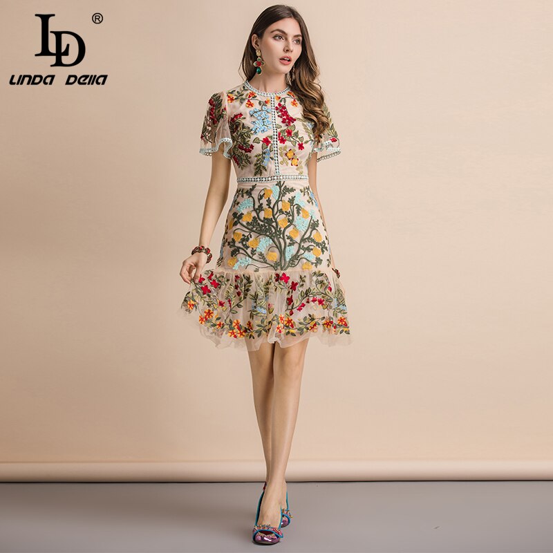 LD LINDA DELLA New 2023 Fashion Runway Summer Dress Women's Flare Sleeve Floral Embroidery Elegant Mesh Hollow Out Midi Dresses