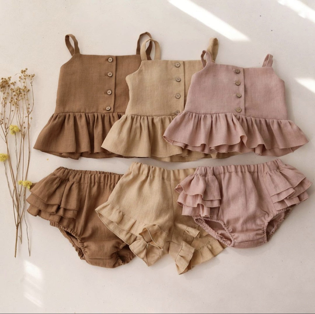 New Baby Girl Suits Summer Clothes Tops+Shorts Vest Harness Falbala Cotton Linen Solid Color Outfits Bebe Infant Clothing Sets