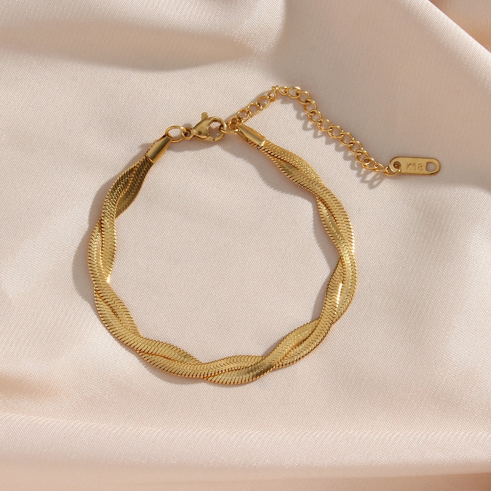2023 18K Gold Plated Waterproof Braided New Herringbone Chain Necklace Bracelets Set Wholesale Stainless Steel Jewelry For Women