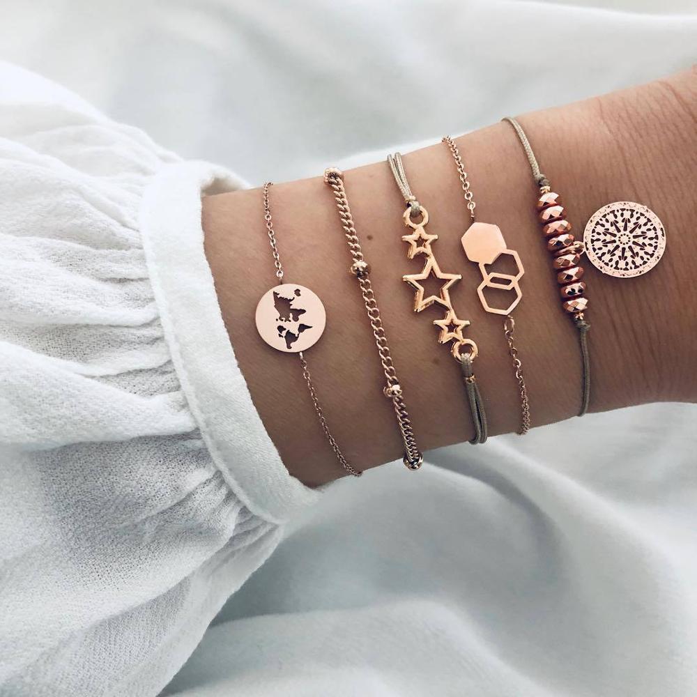 31 Styles Boho Mixed Leaves Letter Map Geometric Crystal Infinity Pentagram Shell Multi-layer Chain Bracelet Women Wholesale