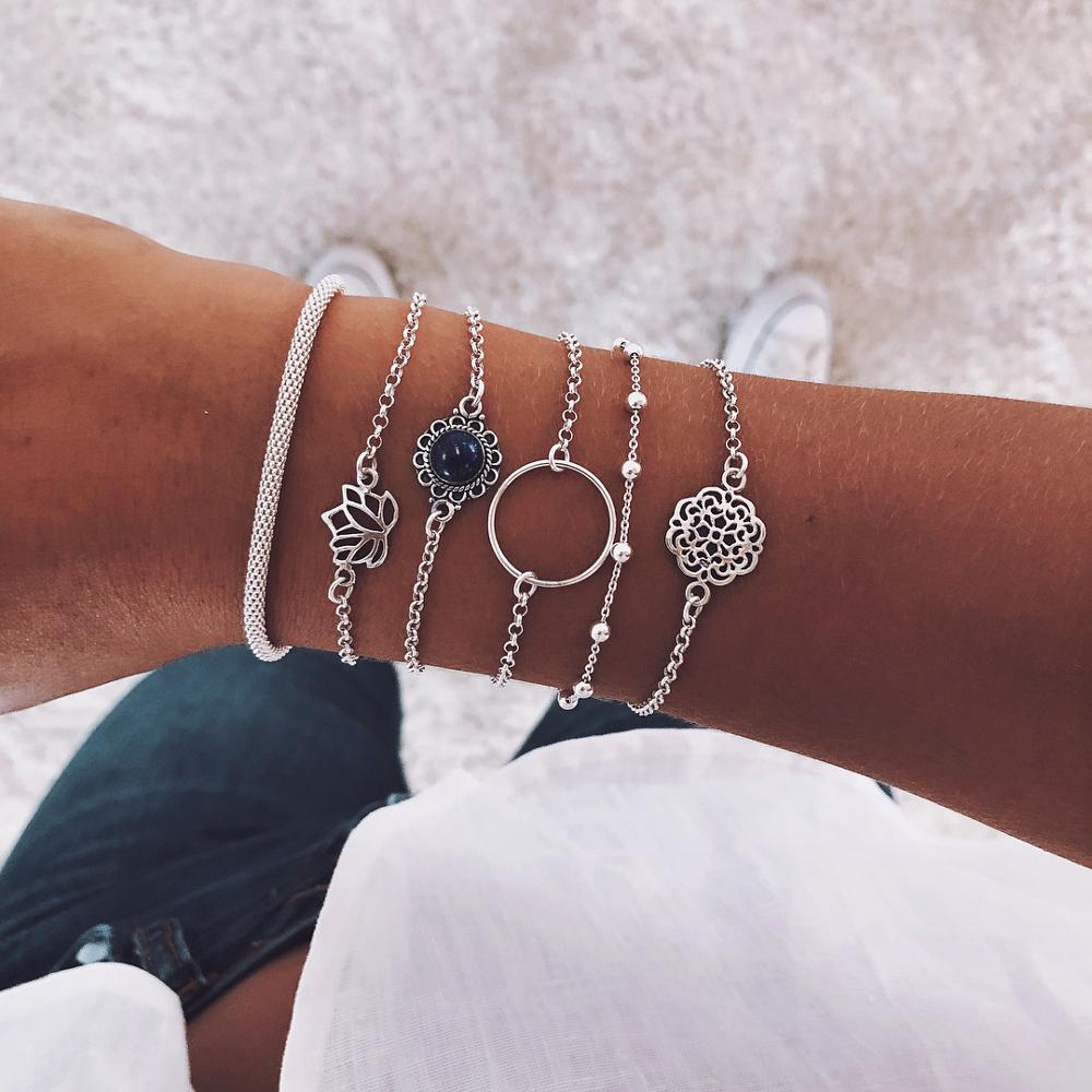 31 Styles Boho Mixed Leaves Letter Map Geometric Crystal Infinity Pentagram Shell Multi-layer Chain Bracelet Women Wholesale