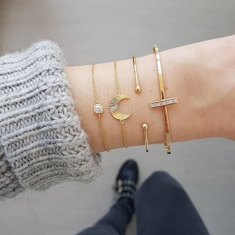 31 Styles Boho Mixed Leaves Letter Map Geometric Crystal Infinity Pentagram Shell Multi-layer Chain Bracelet Women Wholesale