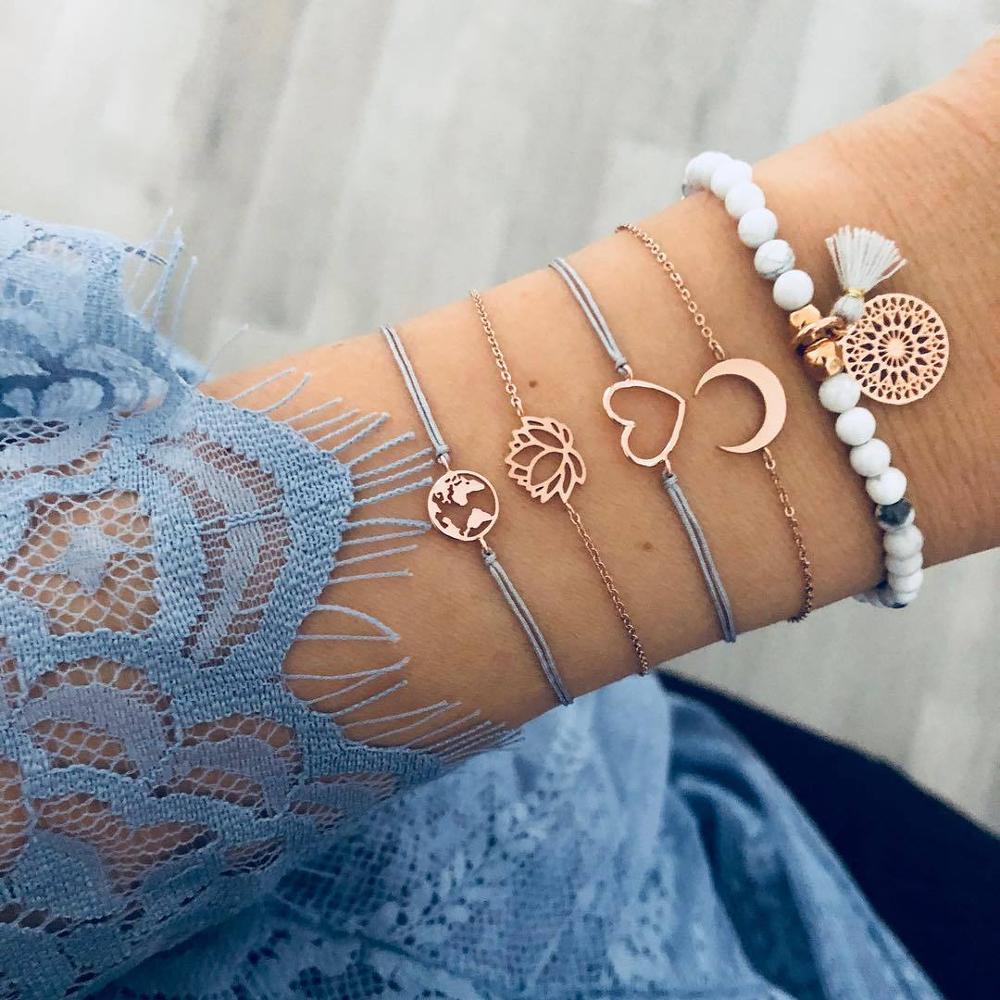 31 Styles Boho Mixed Leaves Letter Map Geometric Crystal Infinity Pentagram Shell Multi-layer Chain Bracelet Women Wholesale