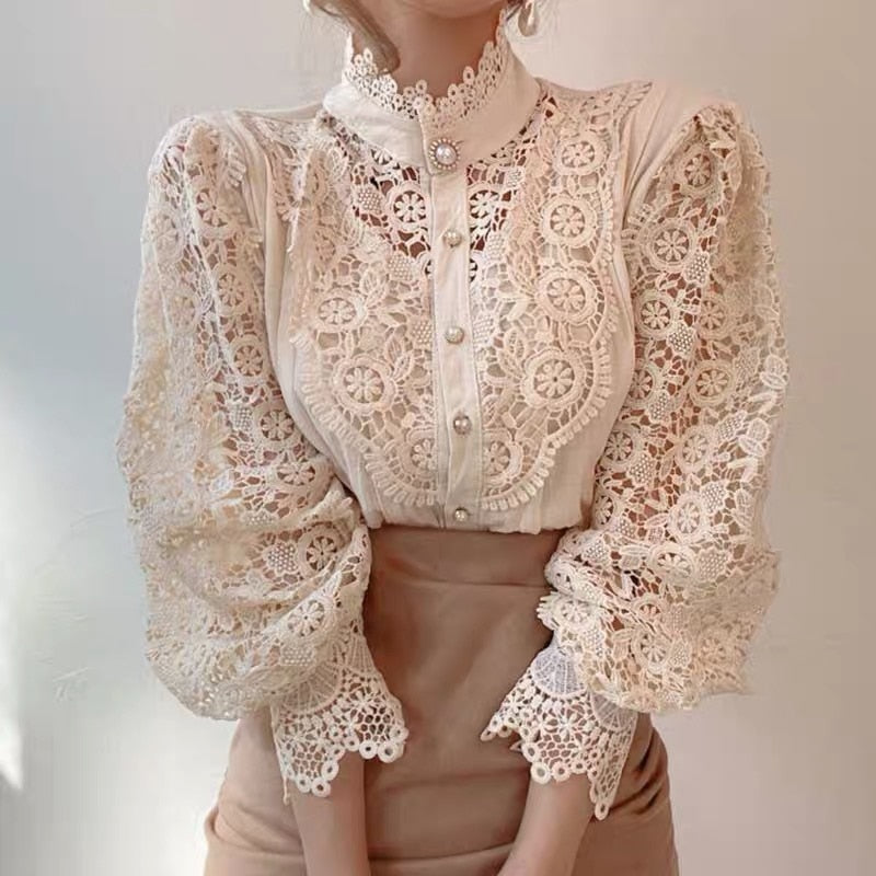 Elegant Lace Embroidery Women Blouse Petal Sleeve Hollow Out Solid Button Stand Collar Shirt Femme Plus Size Spring Blusa Tunic