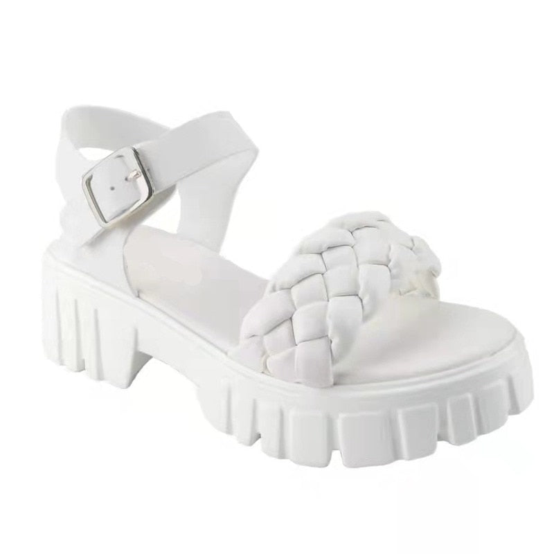 Elegant Women Leather Sandals 2022 New Summer Diamond Lattice Sandals Casual Flat Bottom Platform Sandals Women Sandalias