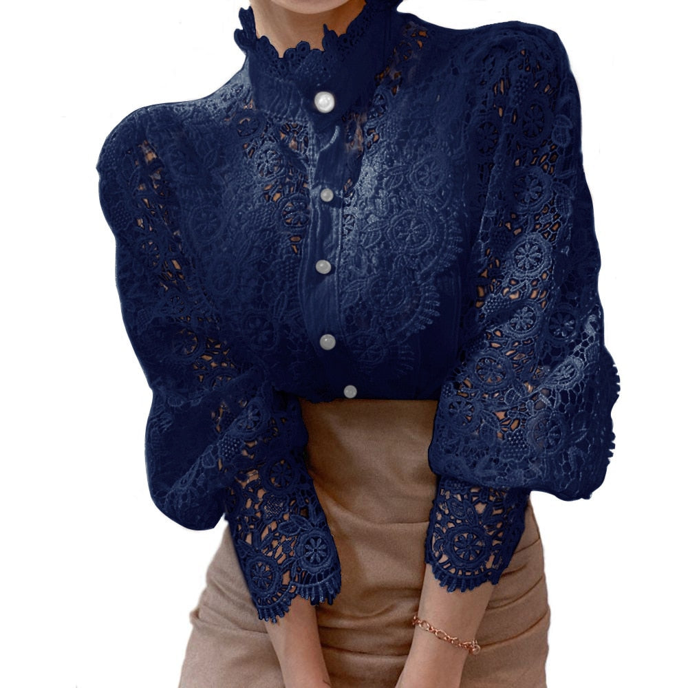 Elegant Lace Embroidery Women Blouse Petal Sleeve Hollow Out Solid Button Stand Collar Shirt Femme Plus Size Spring Blusa Tunic