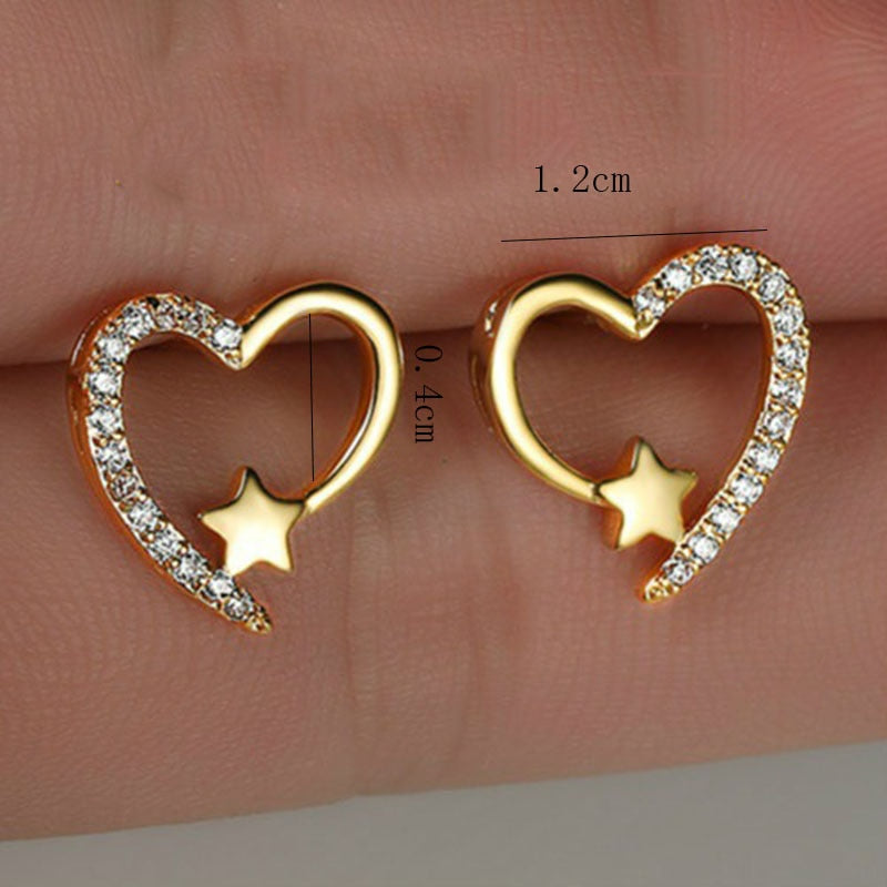 Gold Plated Heart Stud Earrings, Shiny Zircon Earrings, Metal Elegant Fashion Heart Jewelry, Romantic Female Couple Earrings