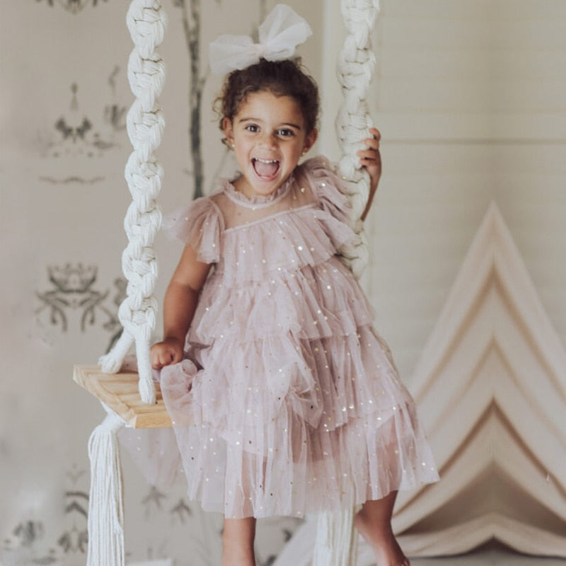Birthday Party Kids Dresses for Girls Children Stars Sequins Shiny Vestidos Girl Elegant Prom Evening Princess Summer Ball Gowns