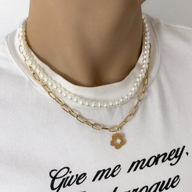 Multi-Layer White Imitation Pearl Necklace Bead Chain Punk Ladies Wedding Short Clavicle Necklac Girl Charm Banquet Jewelry