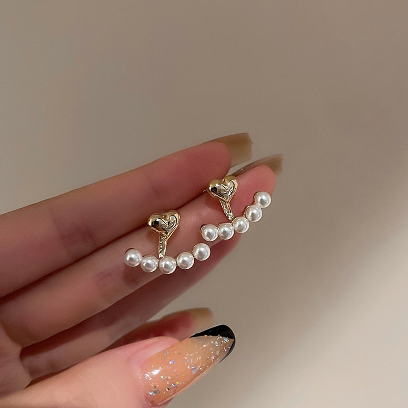 2022 New Elegant Metal Heart-Shaped Back Hanging Pearl Earrings Korean Fashion Jewelry For Woman Girls Accessories Wholesale