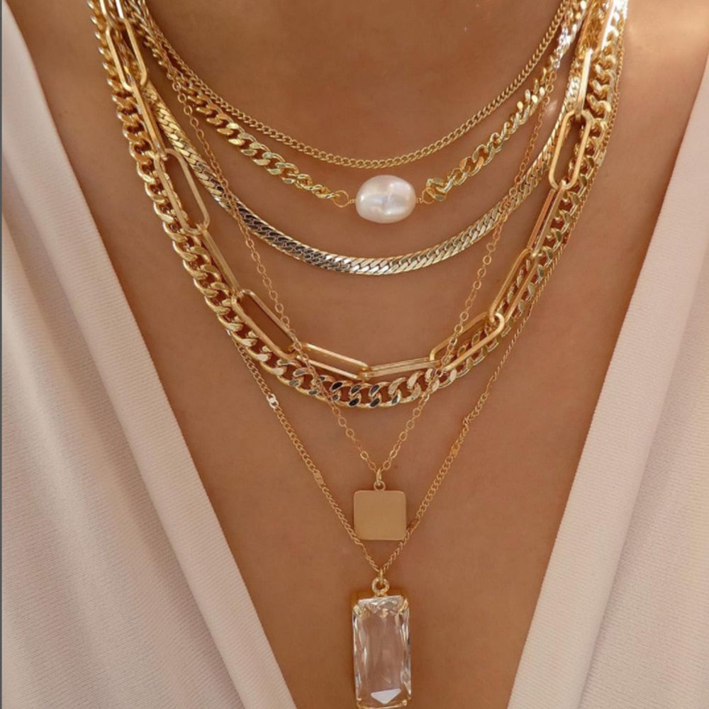 bls-miracle Bohemia Gold Color Multiple Styles Necklace For Women Trendy Multi-Layer Crystal Pendant Necklaces Set Jewelry Gifts