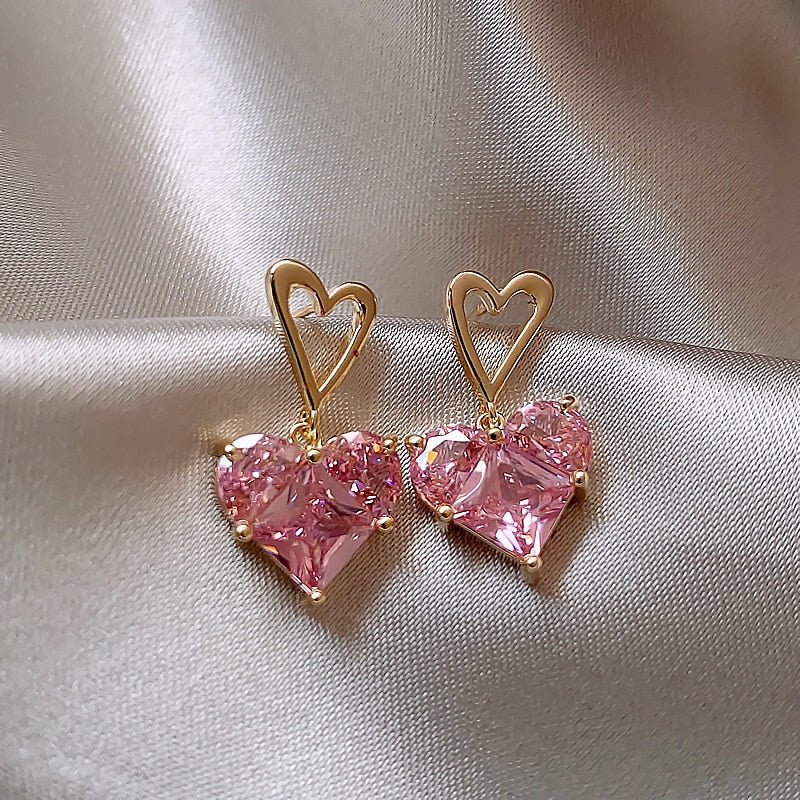 Cute Korean Earrings Heart Bling Zircon Stone Rose Gold Color Stud Earring for Women Fashion Jewelry 2022 New Gift