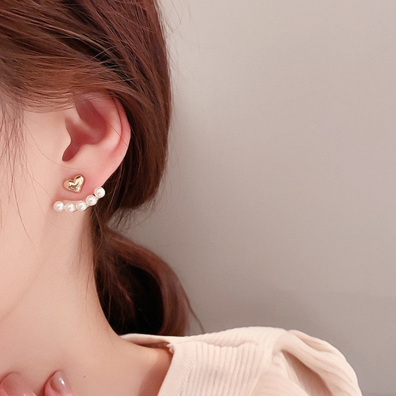 2022 New Elegant Metal Heart-Shaped Back Hanging Pearl Earrings Korean Fashion Jewelry For Woman Girls Accessories Wholesale