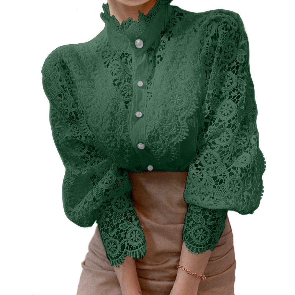 Elegant Lace Embroidery Women Blouse Petal Sleeve Hollow Out Solid Button Stand Collar Shirt Femme Plus Size Spring Blusa Tunic