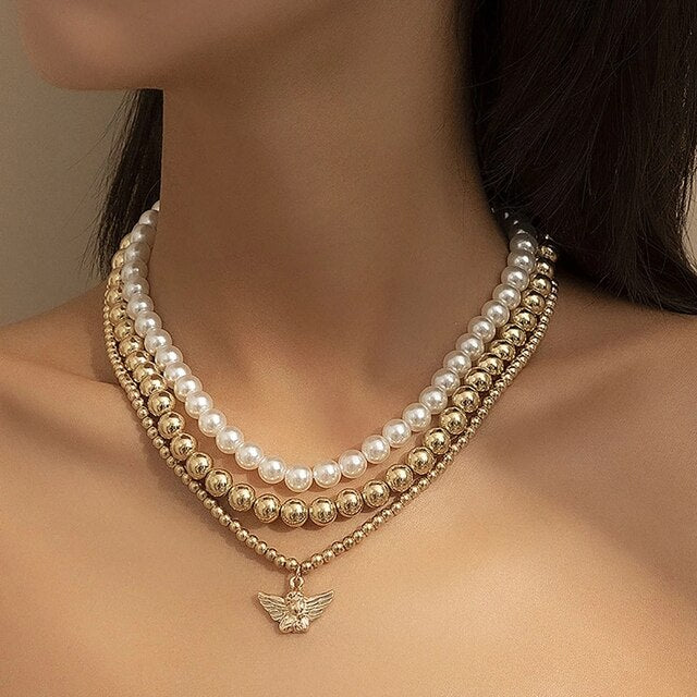 Multi-Layer White Imitation Pearl Necklace Bead Chain Punk Ladies Wedding Short Clavicle Necklac Girl Charm Banquet Jewelry