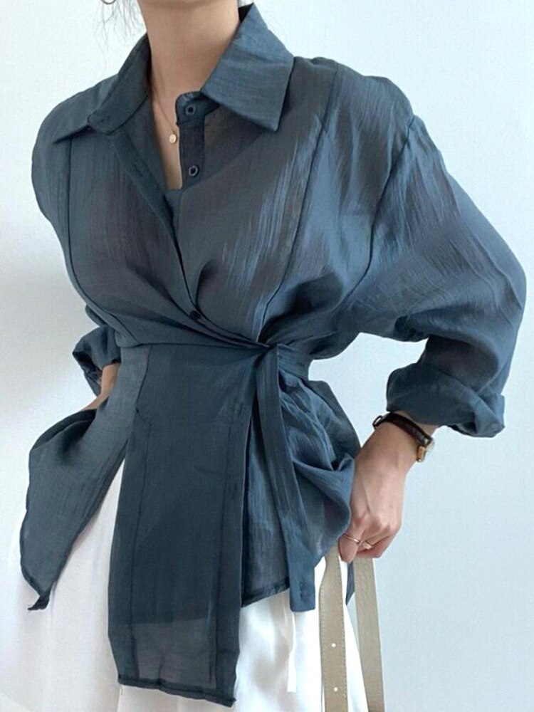 SHENGPALAE White Irregular Blouse Women's Autumn 2023 New Lapel Loose Single Breasted Lace Up Long Sleeve Shirt Female 5E2076