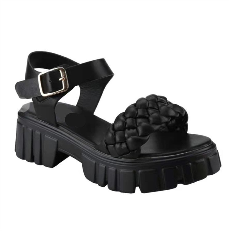 Elegant Women Leather Sandals 2022 New Summer Diamond Lattice Sandals Casual Flat Bottom Platform Sandals Women Sandalias