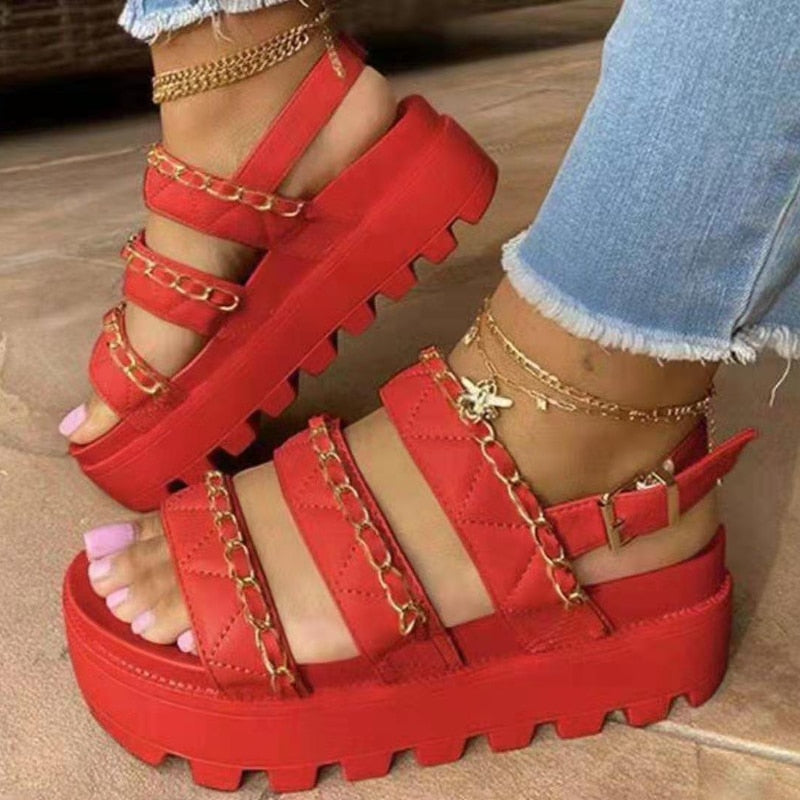 New Women's Sandals Fashion Metal Chain Casual Flat Shoes Comfortable Platform Buckle Roman Sandals Chaussure Ete Femme 2022