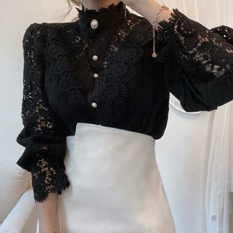 Elegant Lace Embroidery Women Blouse Petal Sleeve Hollow Out Solid Button Stand Collar Shirt Femme Plus Size Spring Blusa Tunic