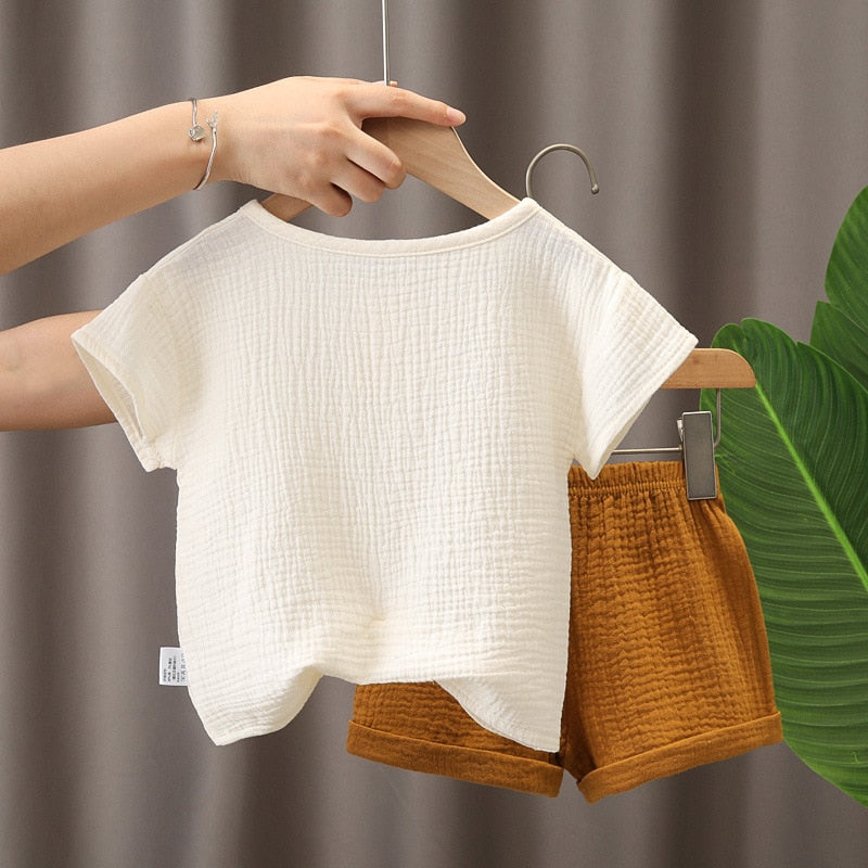 2Pcs Cotton Casual Summer Newborn Baby Boys Girls Outfits Suit Ribbed Knitted Short Sleeve T-shirts Tops+Shorts Kids Tracksuits