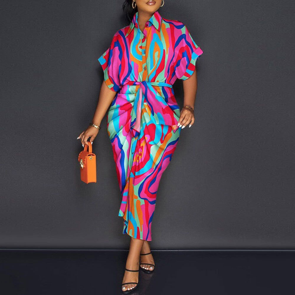 Women Vintage Printed Maxi Dress Summer Casual Button Lace Up Short Sleeve Dresses Female Solid V Neck Beach Long Dress Vestidos