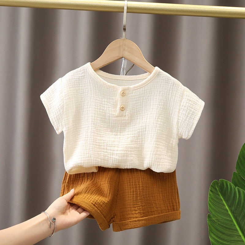 2Pcs Cotton Casual Summer Newborn Baby Boys Girls Outfits Suit Ribbed Knitted Short Sleeve T-shirts Tops+Shorts Kids Tracksuits