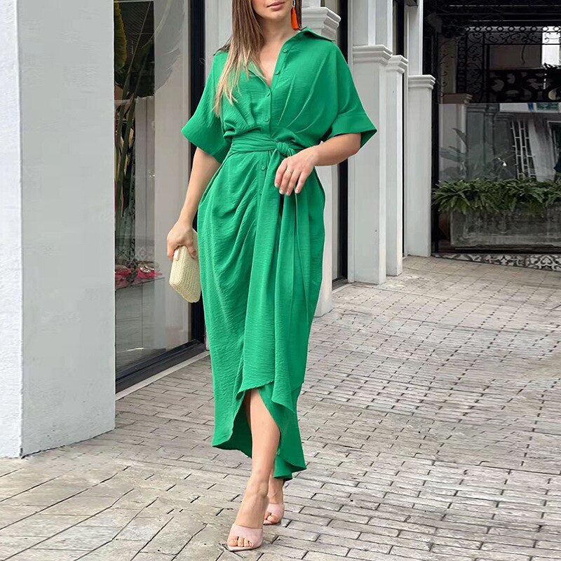 Women Vintage Printed Maxi Dress Summer Casual Button Lace Up Short Sleeve Dresses Female Solid V Neck Beach Long Dress Vestidos
