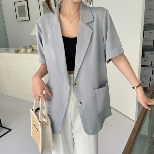 Blazers Women Notched Summer Loose Fashion Elegant Chic Pockets Office-look High Street Outwear Hot Sale Basic Mujer Clothing