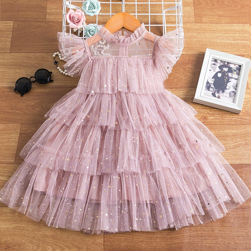 Birthday Party Kids Dresses for Girls Children Stars Sequins Shiny Vestidos Girl Elegant Prom Evening Princess Summer Ball Gowns