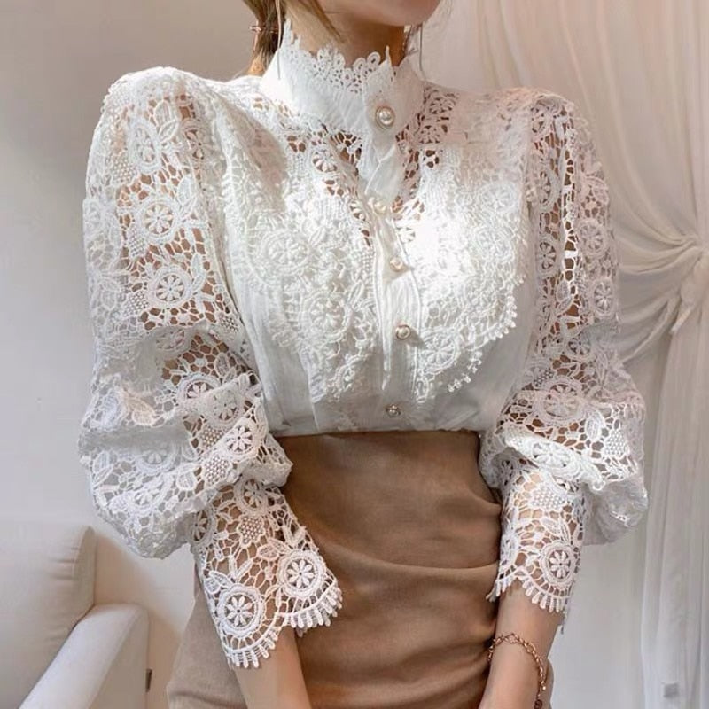 Elegant Lace Embroidery Women Blouse Petal Sleeve Hollow Out Solid Button Stand Collar Shirt Femme Plus Size Spring Blusa Tunic