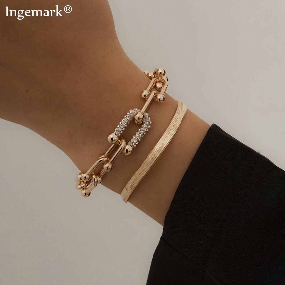 Fashion Statement Heavy Metal Bangle Bracelet Trendy Gold Color Copper Chain U Link Crystal Bracelet Pulseras Women Bijoux Gift