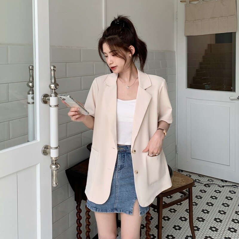 Blazers Women Notched Summer Loose Fashion Elegant Chic Pockets Office-look High Street Outwear Hot Sale Basic Mujer Clothing