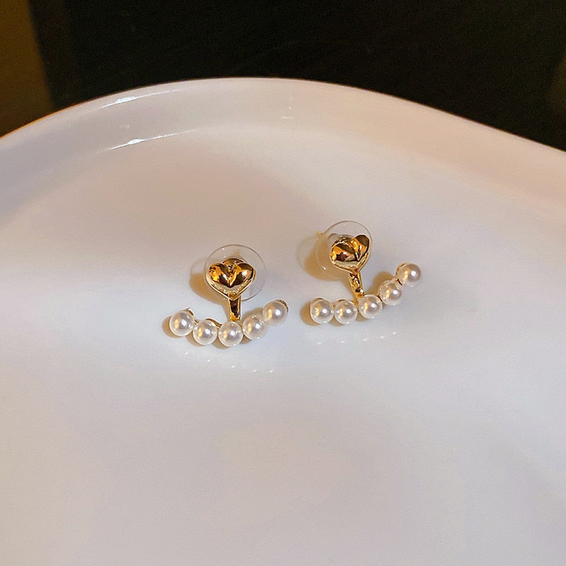 2022 New Elegant Metal Heart-Shaped Back Hanging Pearl Earrings Korean Fashion Jewelry For Woman Girls Accessories Wholesale