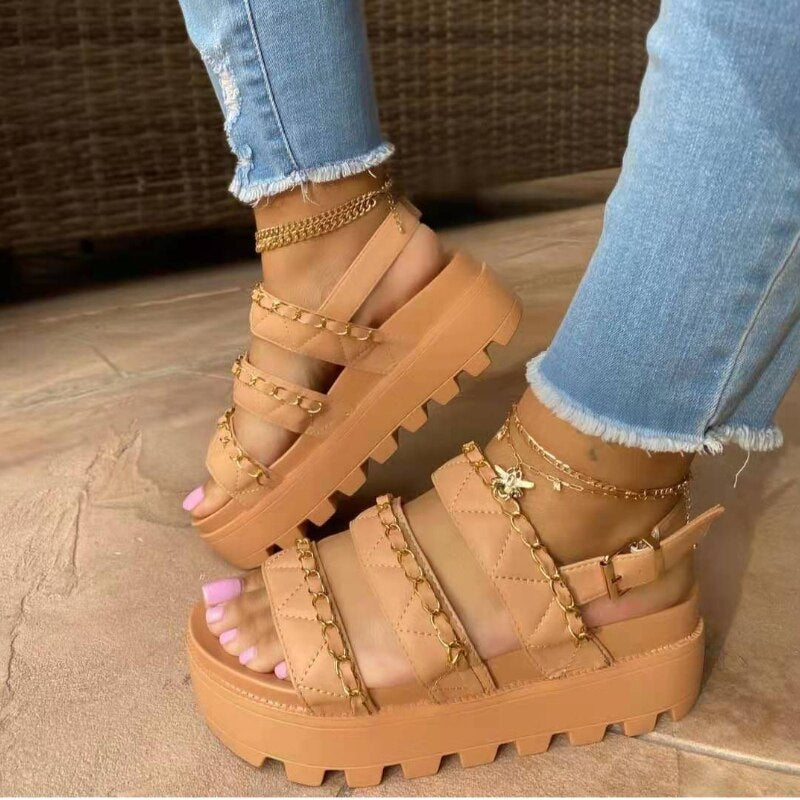 New Women's Sandals Fashion Metal Chain Casual Flat Shoes Comfortable Platform Buckle Roman Sandals Chaussure Ete Femme 2022