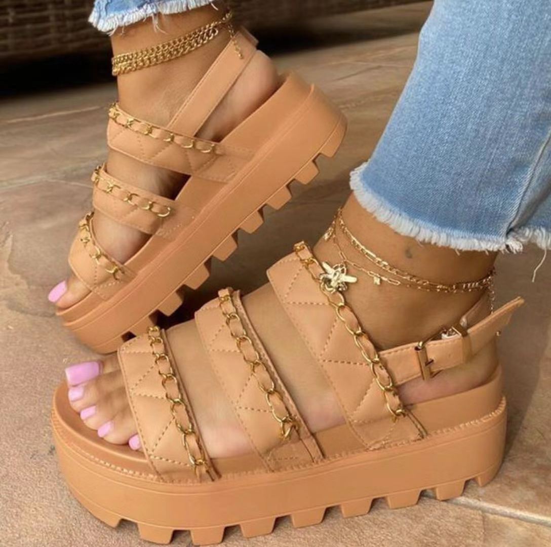 New Women's Sandals Fashion Metal Chain Casual Flat Shoes Comfortable Platform Buckle Roman Sandals Chaussure Ete Femme 2022