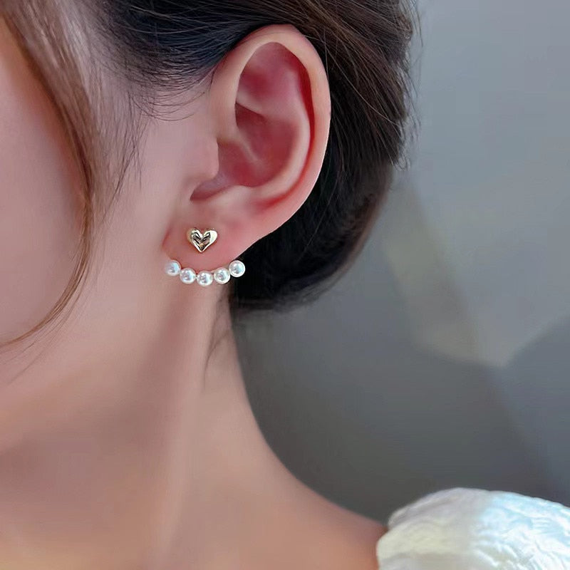 2022 New Elegant Metal Heart-Shaped Back Hanging Pearl Earrings Korean Fashion Jewelry For Woman Girls Accessories Wholesale