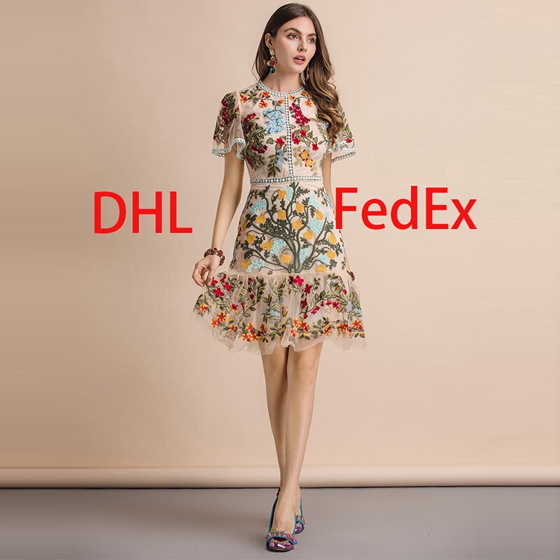 LD LINDA DELLA New 2023 Fashion Runway Summer Dress Women's Flare Sleeve Floral Embroidery Elegant Mesh Hollow Out Midi Dresses