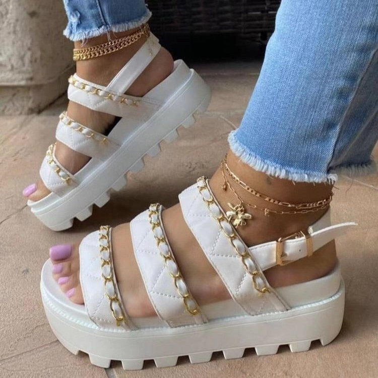 New Women's Sandals Fashion Metal Chain Casual Flat Shoes Comfortable Platform Buckle Roman Sandals Chaussure Ete Femme 2022