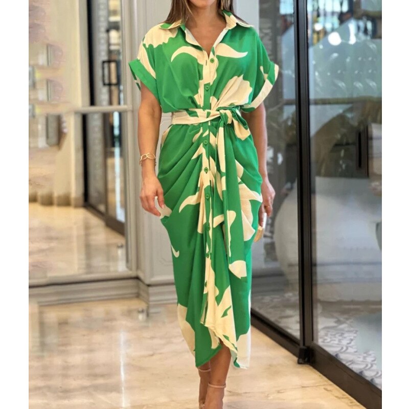 Women Vintage Printed Maxi Dress Summer Casual Button Lace Up Short Sleeve Dresses Female Solid V Neck Beach Long Dress Vestidos