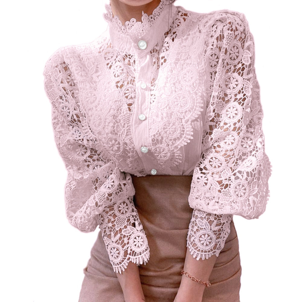 Elegant Lace Embroidery Women Blouse Petal Sleeve Hollow Out Solid Button Stand Collar Shirt Femme Plus Size Spring Blusa Tunic