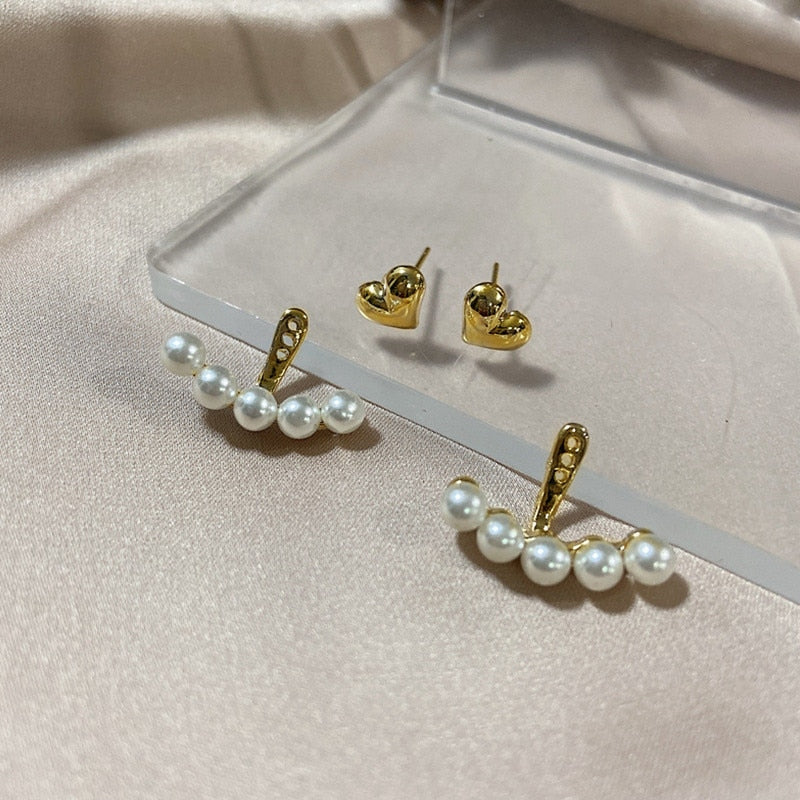 2022 New Elegant Metal Heart-Shaped Back Hanging Pearl Earrings Korean Fashion Jewelry For Woman Girls Accessories Wholesale