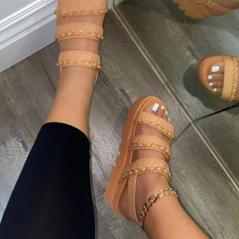 New Women's Sandals Fashion Metal Chain Casual Flat Shoes Comfortable Platform Buckle Roman Sandals Chaussure Ete Femme 2022